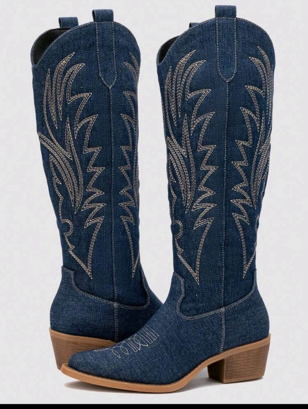 Denim Blue Women's Western Knee-High Jeans Boots